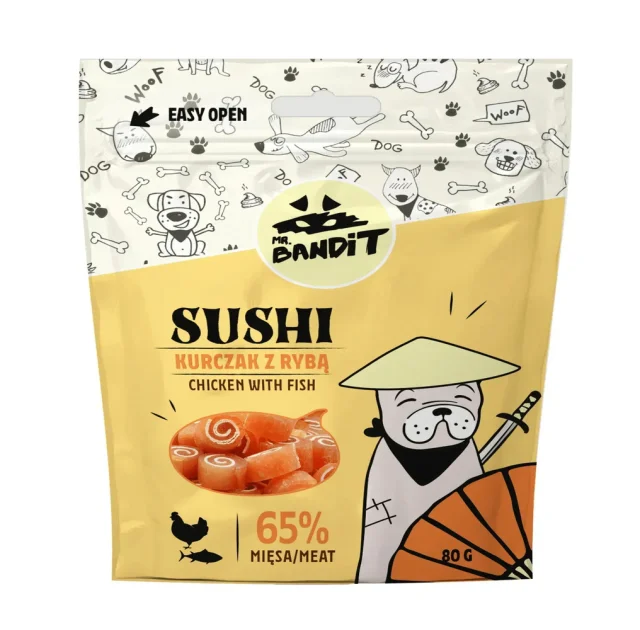 Ласощі Mr. Bandit Sushi для собак, з куркою і рибою, м'ясні рулетики, 80 г