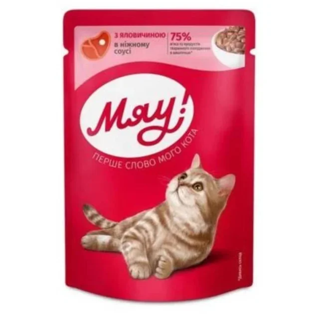 Влажный корм Мяу для кошек, с говядиной в соусе, 85 г