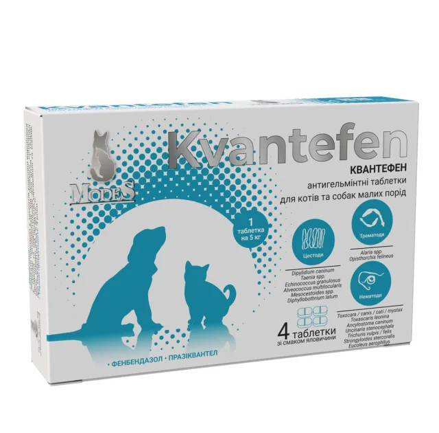 Таблетки MODES Kvantefen для кошек и собак малых пород, антигельминтные, 4 таблетки