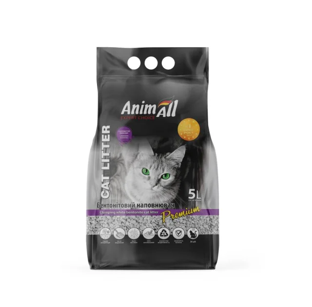 Бентонітовий наповнювач AnimAll Premium Lavender з ароматом лаванди, для котів, 5 л