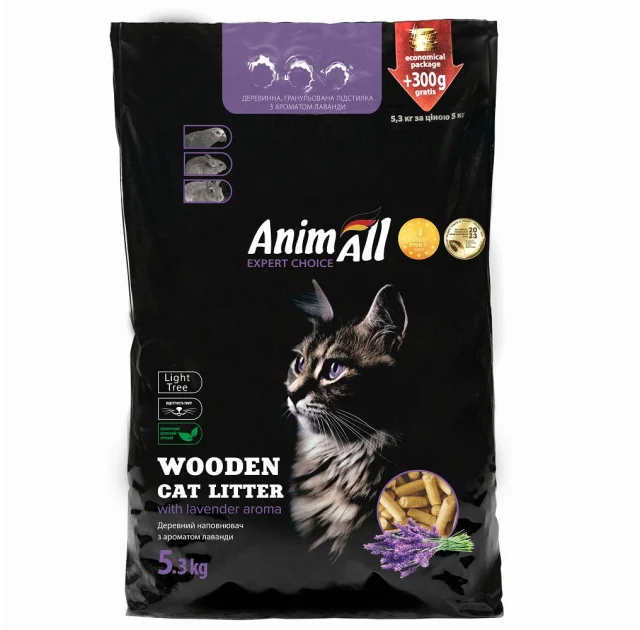 Деревний наповнювач AnimAll з ароматом лаванди для котів, 5 кг + 300 г у подарунок