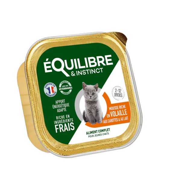 Консерви Equilibre&Instinct для кошенят, мус з птицею, морквою і молоком, 85 г