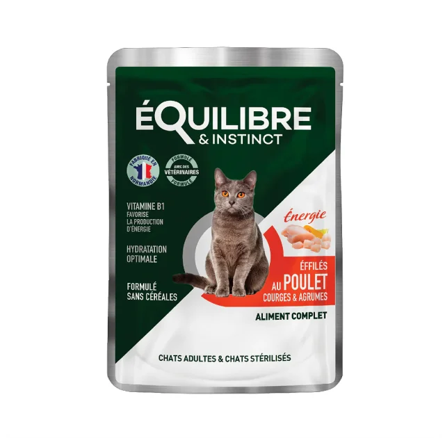 Вологий корм Equilibre&Instinct для дорослих і стерилізованих котів, з куркою, гарбузом і цитрусовими, шматочки в соусі, 85 г