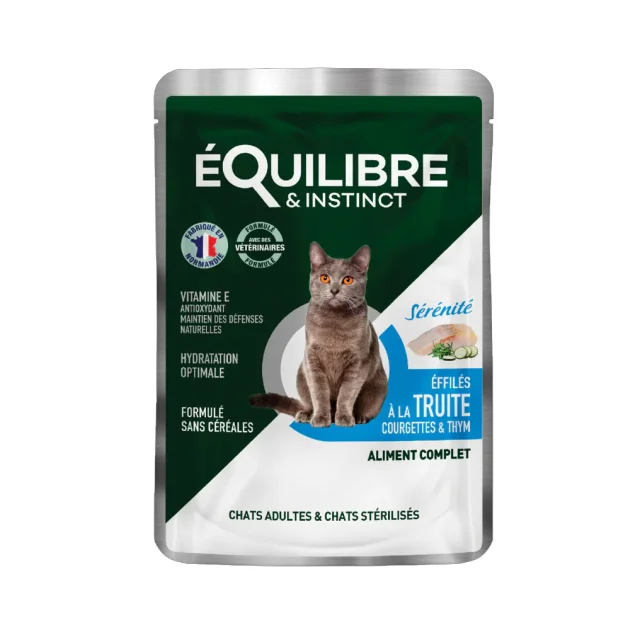 Вологий корм Equilibre&Instinct для дорослих і стерилізованих котів, з фореллю, кабачком і чебрецем, шматочки в соусі, 85 г