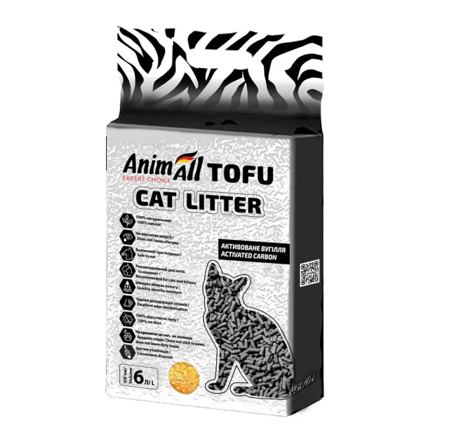 Соєвий наповнювач AnimAll Tofu Carbon для котів, з активованим вугіллям, 2.6 кг