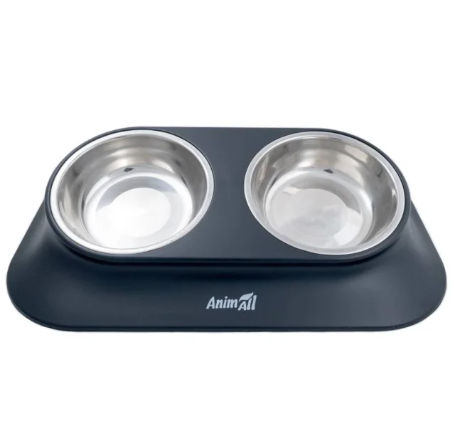 Миска двойная AnimAll для собак и кошек, на подставке, металл/пластик, 420 мл, чёрная