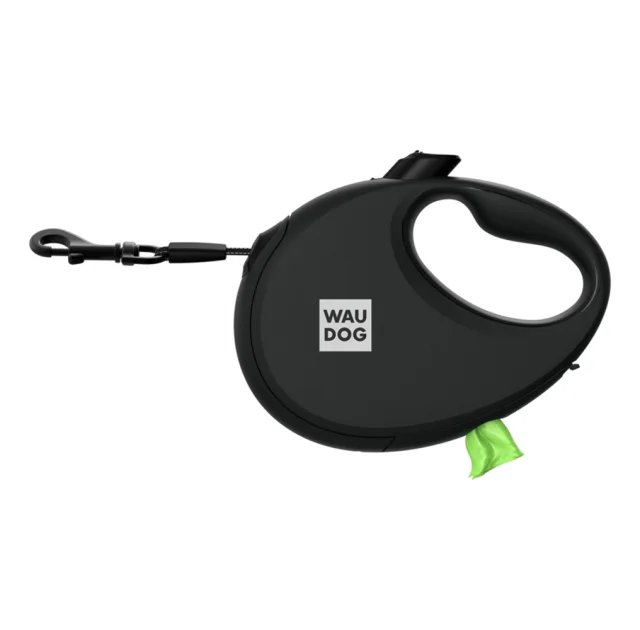 Поводок-рулетка Waudog R-leash для собак с контейнером для пакетов, М, до 20 кг, 5 м, черный
