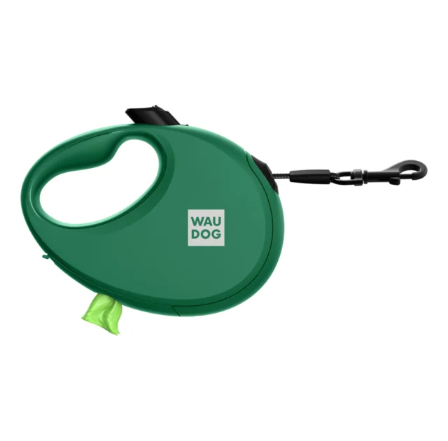 Повідець-рулетка Waudog R-leash для собак з контейнером для пакетів, світловідбивна стрічка, L, до 40 кг, 5 м, зелений