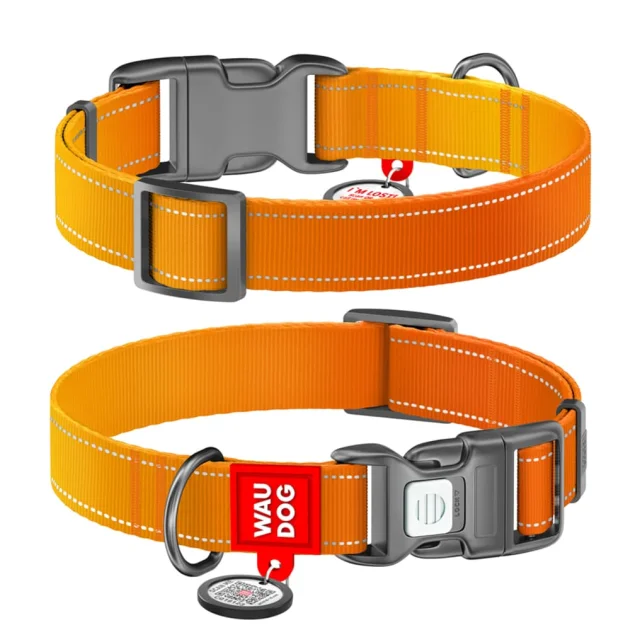 Ошейник нейлоновый Waudog Nylon Mono для собак, с QR паспортом, светоотражающий,  S,  15 мм, 25-35 см, оранжевый