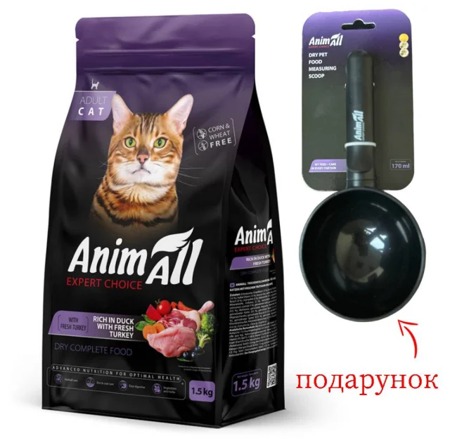 Сухий корм AnimAll для дорослих котів, зі свіжою індичкою та качкою, 1.5 кг