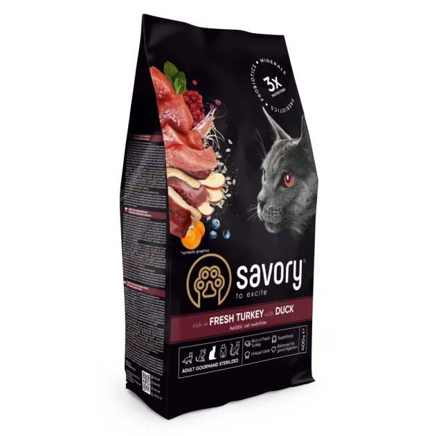 Сухий корм Savory для стерилізованих котів, зі свіжою індичкою та качкою, 0.4 кг