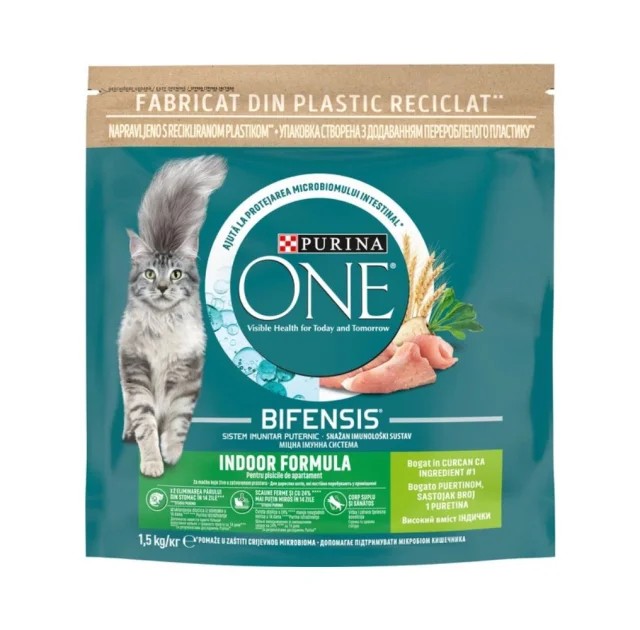 Сухой корм Purina One Indoor для взрослых кошек, живущих в помещении, с индейкой, 1.5 кг