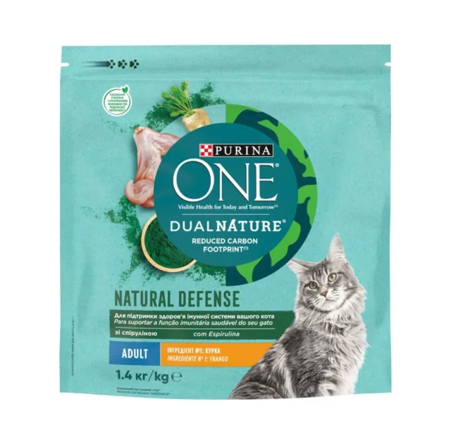 Сухий корм Purina One Adult Dual Nature Spirulina для дорослих котів, з куркою, 1.4 кг