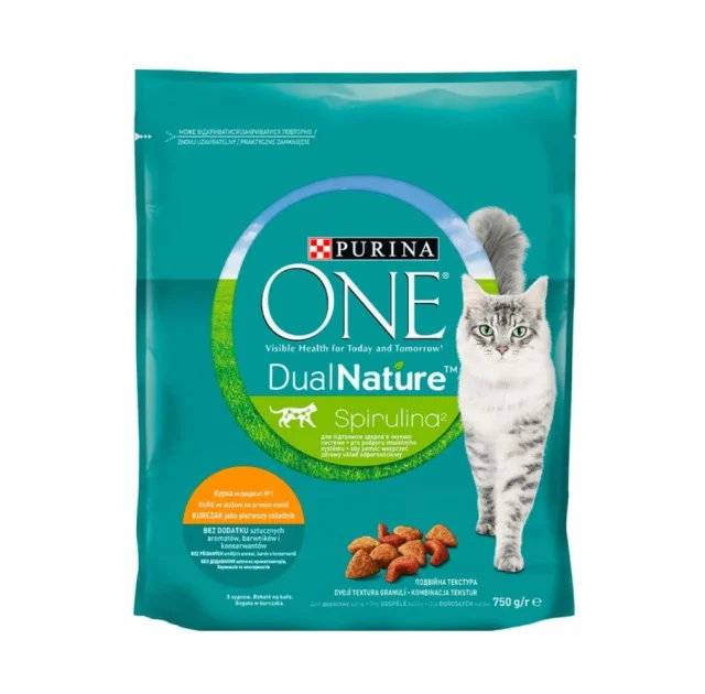 Сухий корм Purina One Adult Dual Nature Spirulina для дорослих котів, з куркою, 750 г