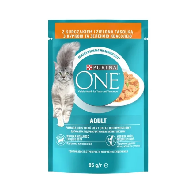 Вологий корм Purina One Adult для котів, з куркою та зеленою квасолею у соусі, 85 г