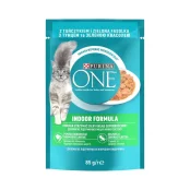 Вологий корм Purina One Indoor для дорослих котів, що живуть у приміщенні, з тунцем та зеленою квасолею у соусі, 85 г