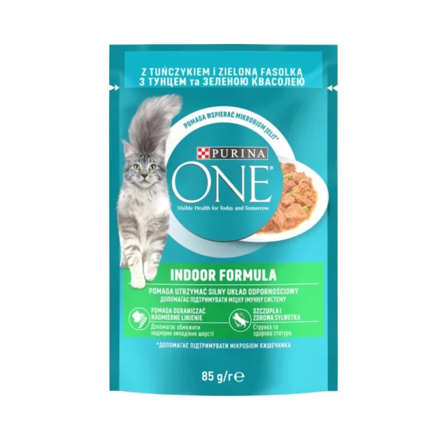 Вологий корм Purina One Indoor для дорослих котів, що живуть у приміщенні, з тунцем та зеленою квасолею у соусі, 85 г