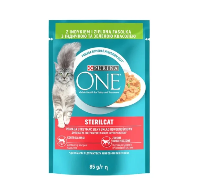 Вологий корм Purina One Sterilcat для дорослих котів, з індчикою та зеленою квасолею у соусі, 85 г