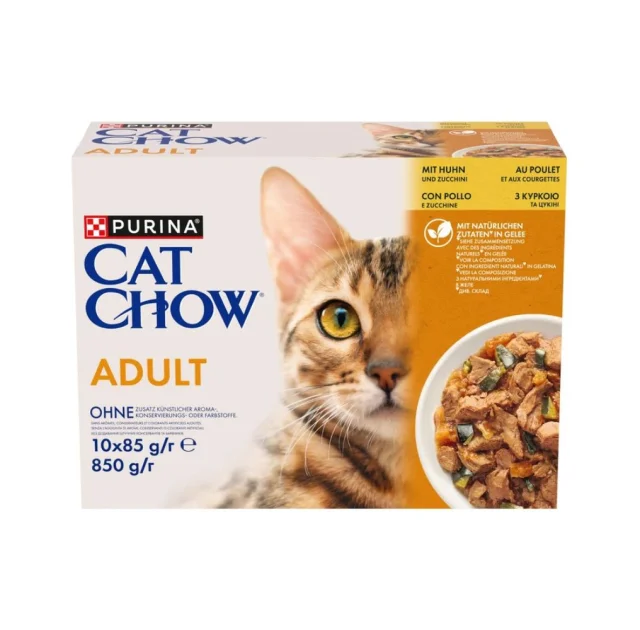 Вологий корм Purina Cat Chow для дорослих котів, з куркою та цукіні, 10 × 85 г