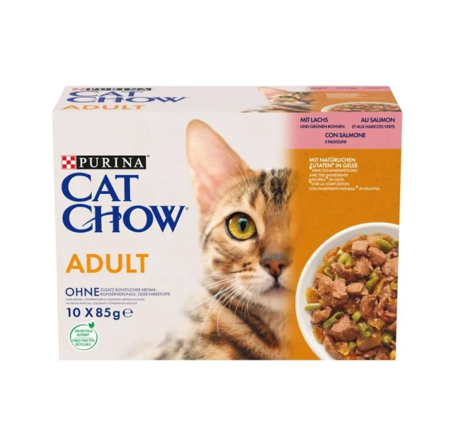 Вологий корм Purina Cat Chow для дорослих котів, з лососем та зеленою квасолею, 10 × 85 г