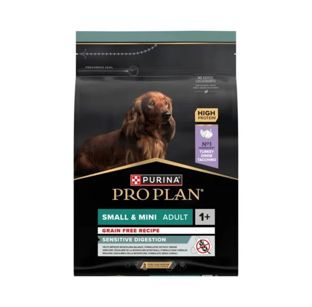 Беззерновий сухий корм Purina Pro Plan Small & Mini Sensitive для дорослих собак малих порід з чутливим травленням, з індичкою, 2.5 кг