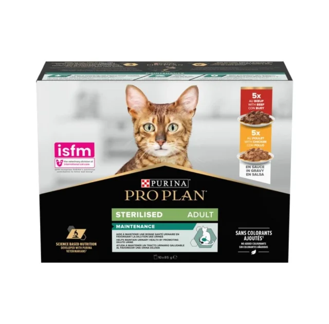 Влажный корм Purina Pro Plan Sterilised для взрослых стерилизованных кошек, с говядиной и курицей, 10 × 85 г