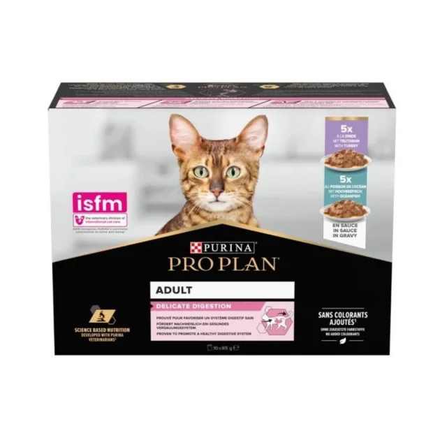 Влажный корм Purina Pro Plan DD для взрослых кошек с чувствительным пищеварением, с индейкой и океанической рыбой, 10 × 85 г
