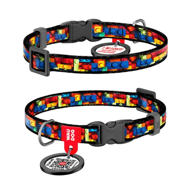 Ошейник WAUDOG Nylon для кошек и мелких пород собак, нейлоновый, с QR адресником, рисунок "Блоки", пластиковый фастекс, XS, 1 см, 20–30 см