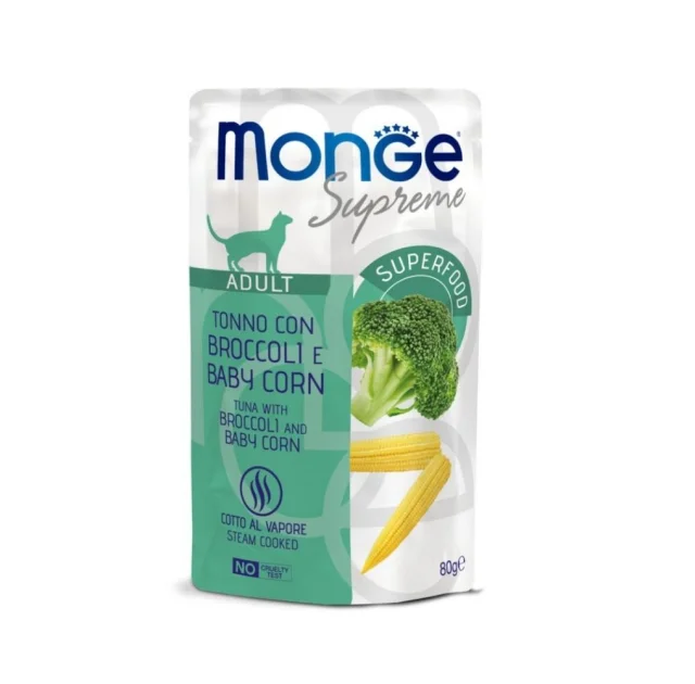 Вологий корм Monge Cat Wet Adult для дорослих котів, тунeць з броколі та молодою кукурудзою, 80 г