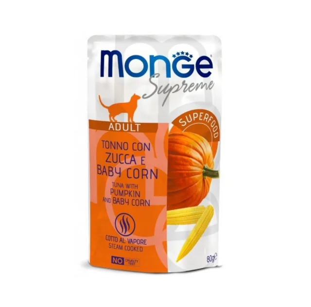 Вологий корм Monge Cat Wet Adult для дорослих котів, тунeць з гарбузом та молодою кукурудзою, 80 г