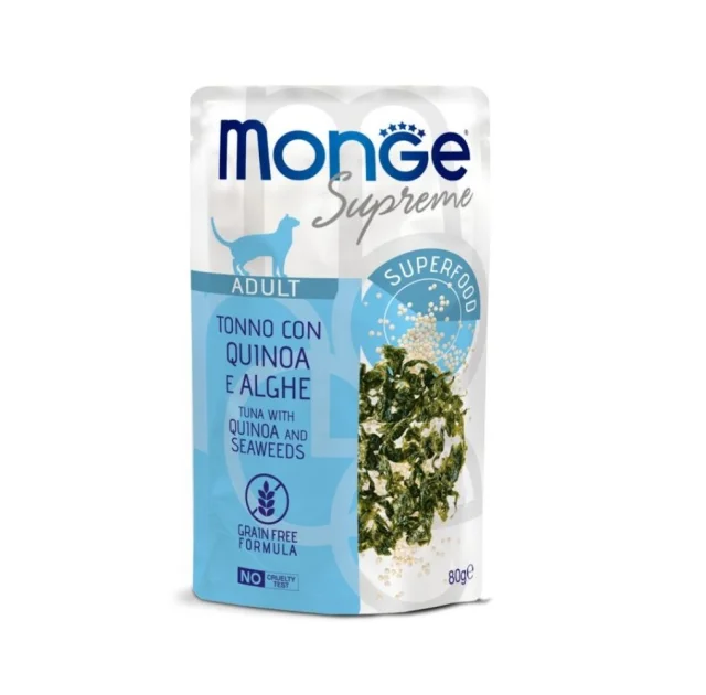 Вологий корм Monge Cat Wet Adult для дорослих котів, тунeць з кіноа та морськими водоростями, 80 г