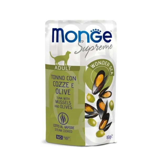 Вологий корм Monge Cat Wet Adult для дорослих котів, тунeць з мідіями та оливками, 80 г