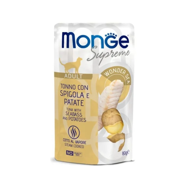 Вологий корм Monge Cat Wet Adult для дорослих котів, тунeць з сибасом та картоплею, 80 г