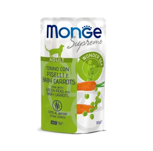 Вологий корм Monge Cat Wet Adult для дорослих котів, тунeць із зеленим горошком та молодою морквою, 80 г