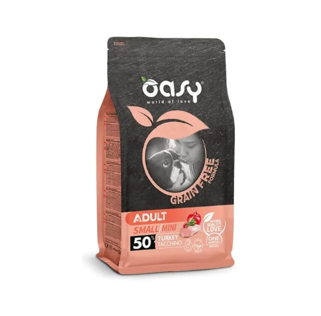 Беззерновий сухий корм Oasy Dog Grain Free Adult Small/Mini для дорослих собак малих порід, індичка з яблуком та журавлиною, 2.5 кг