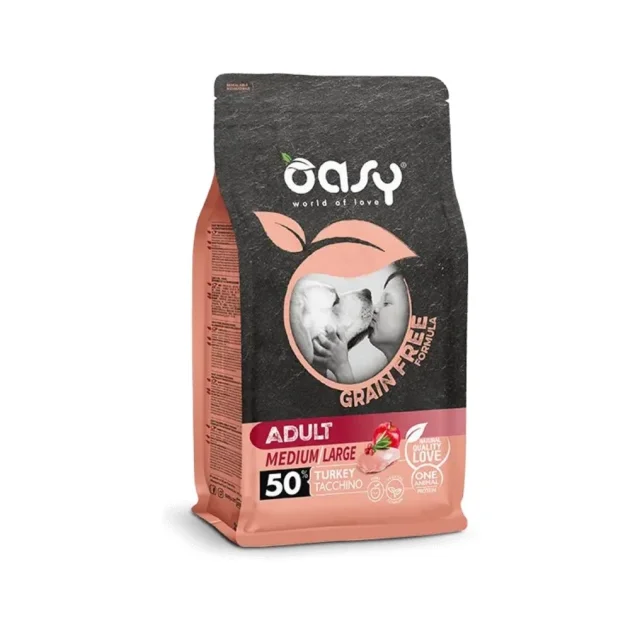 Беззерновий сухий корм Oasy Dog Grain Free Adult Medium/Large для дорослих собак середніх та великих порід, індичка з яблуком та журавлиною, 2.5 кг