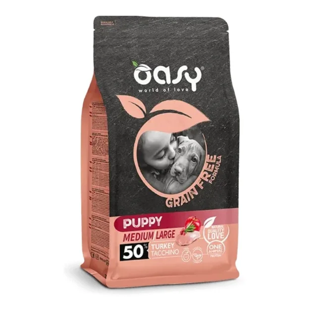 Беззерновий сухий корм Oasy Dog Grain Free Puppy Medium/Large для цуценят середніх і великих порід, індичка з яблуком та журавлиною, 18 кг