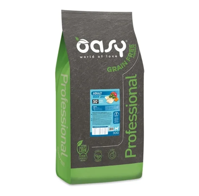 Беззерновий сухий корм Oasy Dog Grain Free Adult Medium/Large для дорослих собак середніх та великих порід, риба з яблуком та бататом, 18 кг