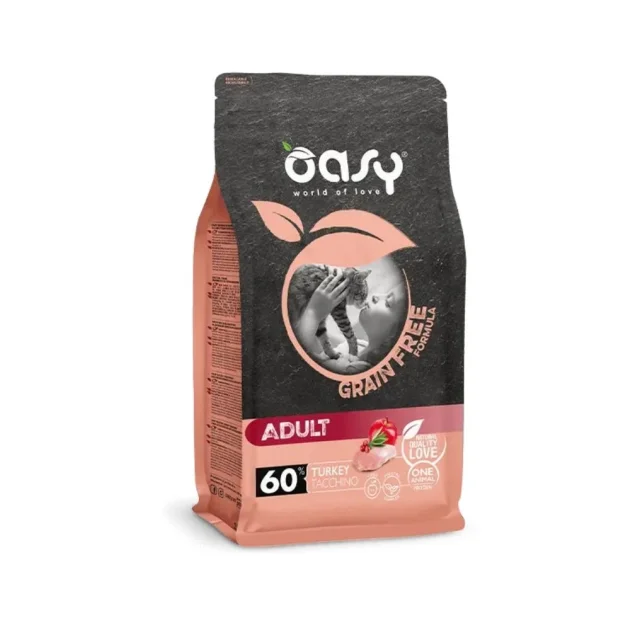 Беззерновий сухий корм Oasy Cat Grain Free Adult для дорослих котів, індичка з яблуком та журавлиною, 0.3 кг