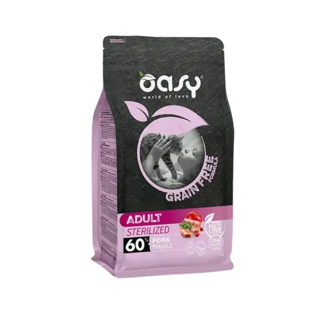 Беззерновой сухой корм Oasy Cat Grain Free Sterilized для стерилизованных кошек, свинина с яблоком и шиповником, 0.3 кг