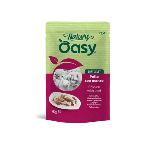 Вологий корм Oasy Cat Wet Natury для дорослих котів, курка з яловичиною, 70 г