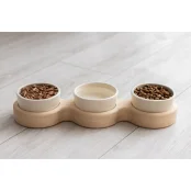 Миски PetJoy для собак та котів, на підставці, біло-бежеві, 3×0.25 л, 43×13×7 см