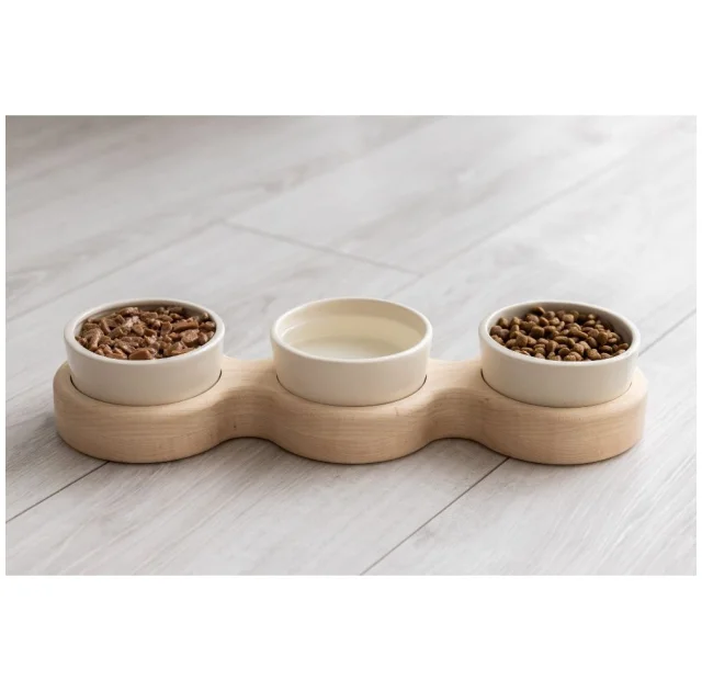Миски PetJoy для собак та котів, на підставці, біло-бежеві, 3×0.25 л, 43×13×7 см