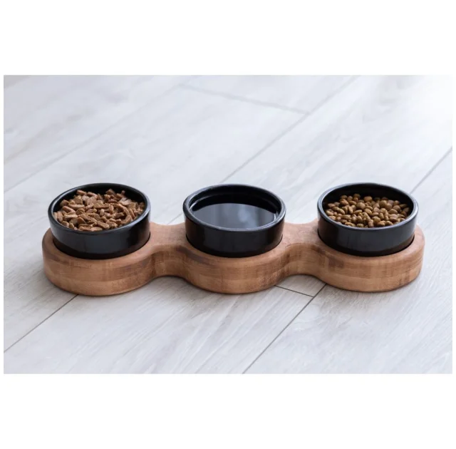 Миски PetJoy для собак та котів, на підставці, коричнево-чорні, 3×0.25 л, 43×13×7 см