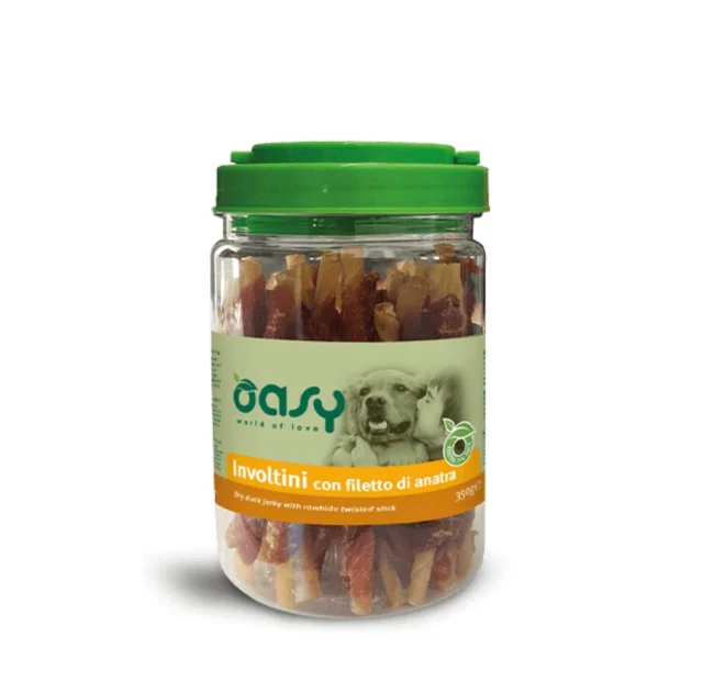 Ласощі Oasy Dog Dry Jerky Rawhide Twisted Stick для собак усіх вікових груп та порід, качка, 350 г