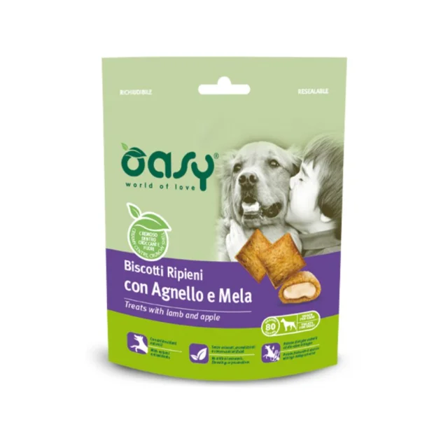 Ласощі Oasy Dog Treats для дорослих собак, ягня та яблуко, 80 г