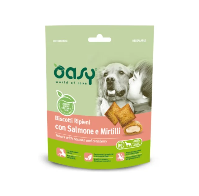Ласощі Oasy Dog Treats для дорослих собак, лосось та чорниця, 80 г
