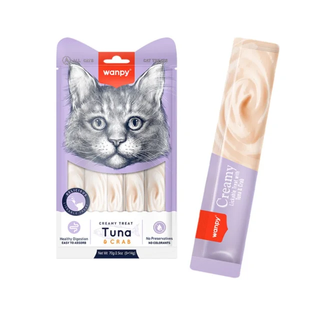 Лакомство Wanpy Creamy Lickabl Treats Tuna & Crab для кошек, тунец и краб, 5 × 14 г