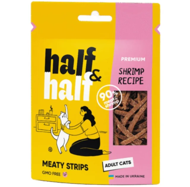 Лакомство Half&Half для кошек, мясные полоски с креветкой, 50 г