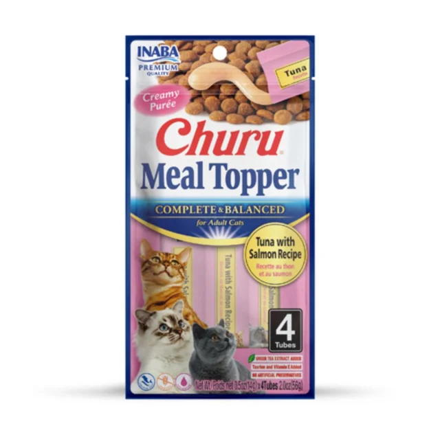 Лакомство Inaba Churu Meal Topper для кошек, кремовый мусс в стиках, с тунцом и лососем, 4×14 г
